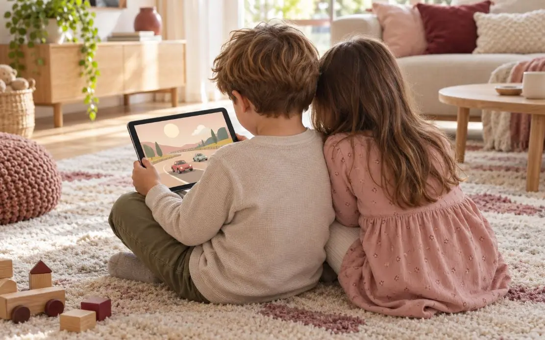 Dječak i djevojčica zajedno gledaju utrku autića na tabletu